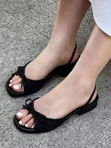 Bow Back Strap Low Heel Open Toe Soft Sole Summer Casual Versatile Outdoor Sandals - Black - View 8