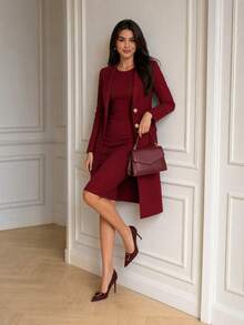 Women's Elegant 2-Piece Set, Solid Color Long Sleeve Cardigan Jacket + Sleeveless Midi Dress, Suitable For Spring, Autumn And Winter - Burgundy - View 3