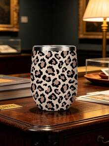 1pc/5pcs 12oz Stainless Steel Insulated Wine/Coffee Cup For Couples, With Sliding Lid, Boyfriend Birthday Gift Holiday Gift Cream Bottom Classic Black Leopard Print Egg-Shaped Insulated Water Cup, Fashionable Leopard Print Portable Drinking Cup, Suitable For Party, Daily Use And Gift Queue Gathering Photo Lovers Sisters All Seasons - Multicolor - View 2