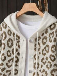 Women's Fashion Leopard Print Hooded Knit Cardigan, Casual Long Sleeve Drawstring Button Short Sweater Jacket, Loose Fit Autumn/Winter Outerwear - Camel - View 3