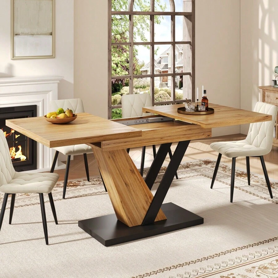 Dining Table Telescopic Table (120-160*75cm), Extendable Table, Extendable To 120-160cm With Aid Of Internal Insert Panels, Kitchen And Living Room, Dining Table With Black Marble Pattern - Natural + MDF - View 1