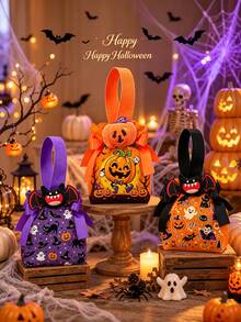 5/8/12 Pcs Halloween Candy Bags Drawstring Tote With Handles And Free Plush Doll, 100% Fabric Small Reusable Gift Bags For Trick Or Treat, Party Favors, Candy Storage, Assorted Pumpkin Ghost Bat Patterns - A - View 9