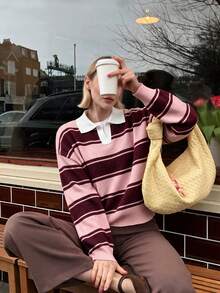 Women's Colorblock Casual Versatile Daily Wear Long Sleeve Sweater - Camellia Pink & Purple-red - View 2