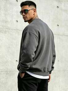 Men's Solid Color Drop Shoulder Sweatshirt, Long Sleeve Crew Neck Top, Autumn/Winter Back To School Style - Dark Grey - View 5