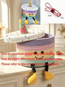 1pc Multicolor Cake-Shaped Storage Basket, Woven Cylindrical Organizer Bin With Lid, Plush Party Hat Design, Face Decoration, Desktop Storage Box, Suitable For Birthday Party, Home Indoor Daily Use - Multicolor - View 9