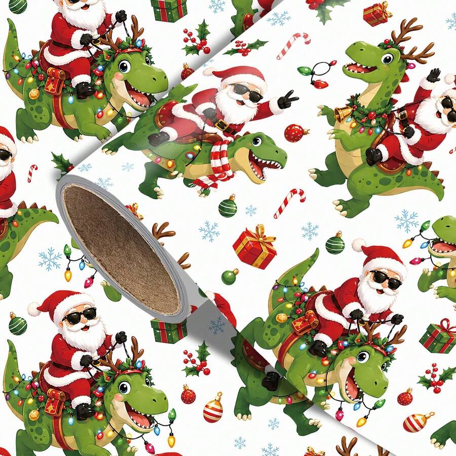 1set Christmas Dinosaur Wrapping Paper Suitable For Xmas Gifts(Includes Stickers), Birthday Party Decorations - Single-Sided Print With Santa Riding Dinosaurs, Snowflakes, Candy Canes & Gift Boxes Design, Multicolor Holiday Gift - The Old Man and the Dinosaur - View 1