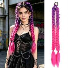 Deep Purple Braided Ponytail Wig, Colorful Boxing Braids, Fluffy Hair Braid Ponytail Wig, Hair Tie Hair Band Hair Accessory - Pink - View 1