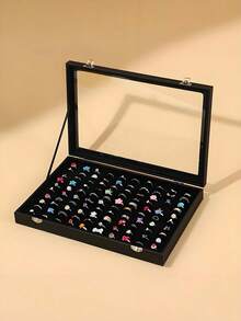 1pc 100-Slot Ring Display Box, Transparent Glass Lid, Ring Storage Box, Ring Holder, Suitable For Store Display, Home Jewelry Display, Ring Organizer, Earring Rack, Display Tray Ring Storage Box, Jewelry Display Box, Earring Necklace Storage - Multicolor - View 3