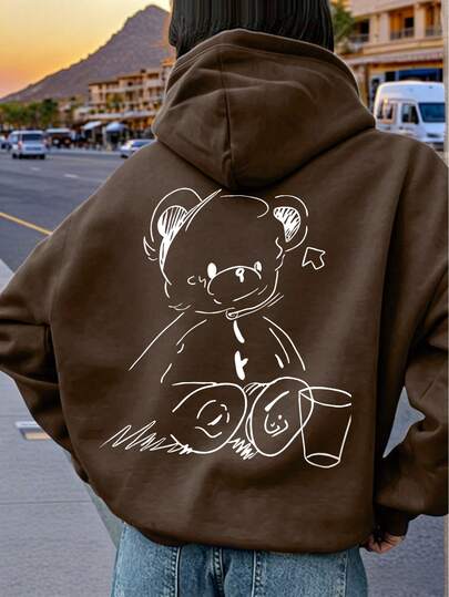 Sudadera con capucha casual para niñas, estampado gráfico de oso, suave & lavable a máquina, moda casual, adecuada para viajes, escuela y compras