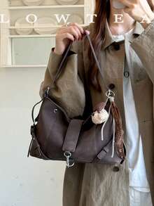 low tea 1pc PU Fabric Shoulder Bag With Buckle, Suitable For Commuting, Shopping, Etc. (With Pendant) - Coffee - View 8