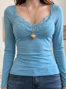 SCARLUX Autumn Y2K Women's Basic Lace Patchwork V-Neck Long Sleeve Top, Slim Fit T-Shirt, Suitable For Back To School Season Casual Daily Wear - Blue - View 7