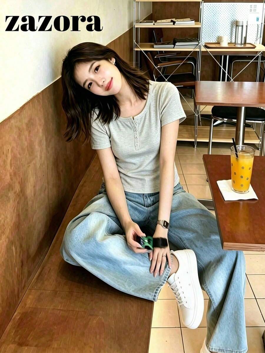 Light Gray Thin Low Neck Short Sleeve T-Shirt Women Korean Style Slim Fit Cropped Top - Light Grey - View 1