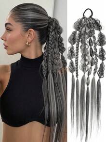 24 Inch Ombre Grey Synthetic Braided Ponytail Wig, Flipped Fishbone Braid Wig With Elastic Hair Tie, Suitable For Party And Daily Wear - Multicolor - View 2