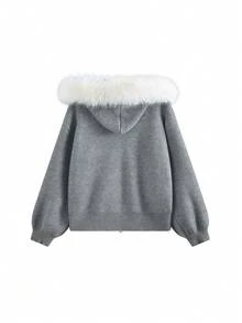 Women's Oversized Soft Knit Cardigan Sweater With Large Fur Collar, Slimming Fit, Autumn/Winter - Grey - View 3