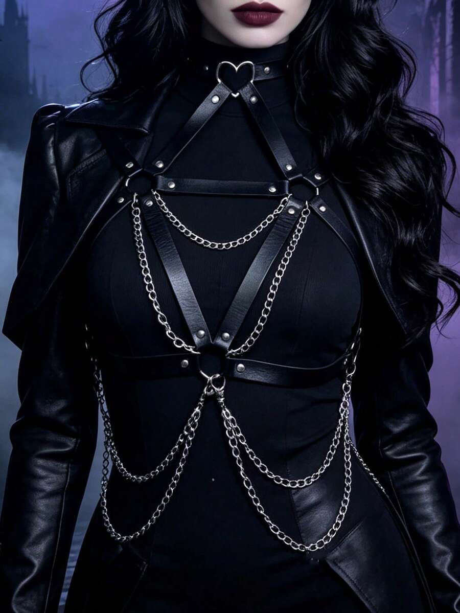 1pc Women's Black Punk Style Heart Halter Neck Tie-Up Bust Multi-Layer Chain Decor Vest Strap Harness, Suitable For Halloween Carnival Party Outfit - Black - View 1
