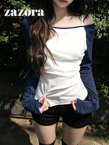 女款拼色網格拼接長袖上衣，復古酷感薄款微透修身內搭T恤，秋季 - 藏青色 - 查看 5