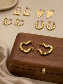 6 Pairs Gold Stainless Steel Earrings Set For Women, Heart Bee Geometric Hoop Statement Earrings, Vintage Boho Jewelry For Daily Wear Party Gift - Gold - View 9