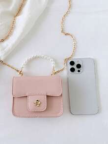 1pc Girls Solid Color PU Magnetic Closure Fashion Pearl Handbag Small Square Bag Chain Crossbody Bag Suitable For All Seasons Daily Use - A - View 6