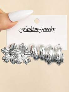NAIZHU 3/9 Pairs Combination Kids European & American Fashion Metal Water Drop Flower Geometric Earrings Set, Suitable For Daily Wear And Party Accessories - Silver - View 4