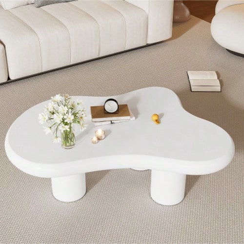Irregular Cloud-Shaped Coffee Table, 97cm Length, 67cm Width, 32cm Height, MDF With Felt Pads, Lacquered Surface, Creative Coffee Table - White + MDF - View 1