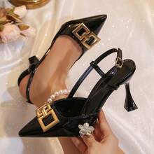 2026 New Spring/Autumn Versatile Women's High Heel Pumps & Sandals, Sexy Fashion Glamorous Solid Color PU With Pure Metal Decor, For Wedding, Office, Party, Spring/Summer/Autumn - Black - View 2