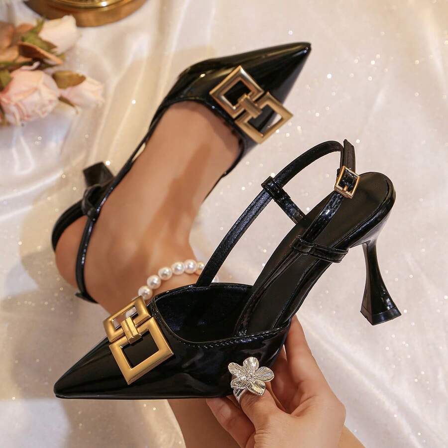 2026 New Spring/Autumn Versatile Women's High Heel Pumps & Sandals, Sexy Fashion Glamorous Solid Color PU With Pure Metal Decor, For Wedding, Office, Party, Spring/Summer/Autumn