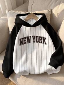 1pc Tween Boys Casual American Sports Style NEW YORK Letter Print Striped Design Baseball Sweatshirt Long Sleeve Sweatshirt Spring Autumn - Black and White - View 2
