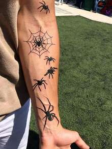 6pcs Halloween Theme Temporary Tattoos, Bat, Spider, Witch Pattern Design, Waterproof Long-Lasting Fake Tattoo Stickers, Suitable For Face, Neck, Arm Body Art Fake Tattoos, Unisex - Black - View 5