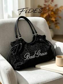 1pc New Women's Leopard Print Embroidered Letter PU Tote Bag, Drawstring Shoulder Strap Large Capacity Commuter Underarm Bag, Casual Daily Work Versatile Handbag Crossbody Bag - Black - View 3