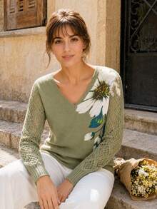 Elegant Floral Print V-Neck Long Sleeve Sweater, Versatile For Spring, Summer, Autumn, Winter, Bohemian Style, Travel Vacation Fall - Light Green - View 7