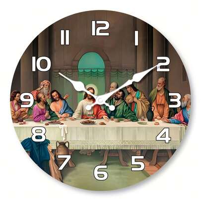 A Wooden Wall Clock With A Last Supper Theme Design, Silent And Non-Ticking, Round Analog Display, Japanese Quartz Movement, Wooden Frame, Religious Theme Suitable For Living Room, Bedroom, Spiritual Home Decor, Church - 10-16inch