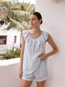 2pcs Set, Women's Blue, Backless, Floral, Tie-Up, Lace Patchwork, Ruffle, Sleeveless Top, Pajama Set, Loungewear Set - Baby Blue - View 4