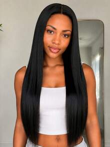 28 Inch Black Middle Part Women's Wig, High Temperature Synthetic Heat Resistant Wig, Natural Fluffy, Fashionable And Elegant, Suitable For All Women's Daily Wear And Party Occasions, Halloween - Black - View 8