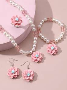 5pcs/Set Children's Sweet Floral Pendant Faux Pearl Necklace, Bracelet, Earrings, Ring Combination Set, Suitable For Daily Wear, Holiday Gifts - one-size - View 4