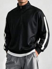 Men's Black & White Side Stripe Half-Zip Stand Collar Sweatshirt, Faux Layered Casual Pullover Top - Black - View 8
