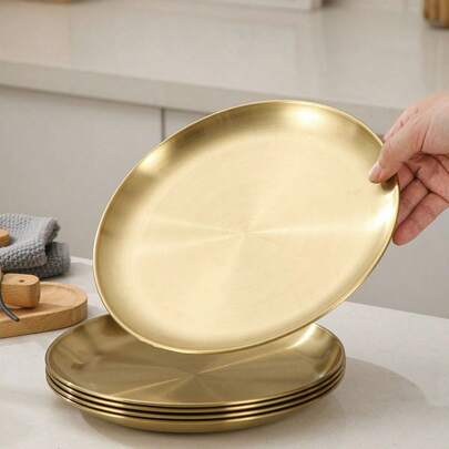 1pc Stainless Steel Breakfast Plate, Serving Tray, Hospitality Plate, Multi-Purpose Snack Tray, Bone Plate, Perfect For Pizza, Snacks, Desserts, Steak, BBQ And More, Suitable For Restaurant, Outdoor Camping, Home Use And Commercial Use