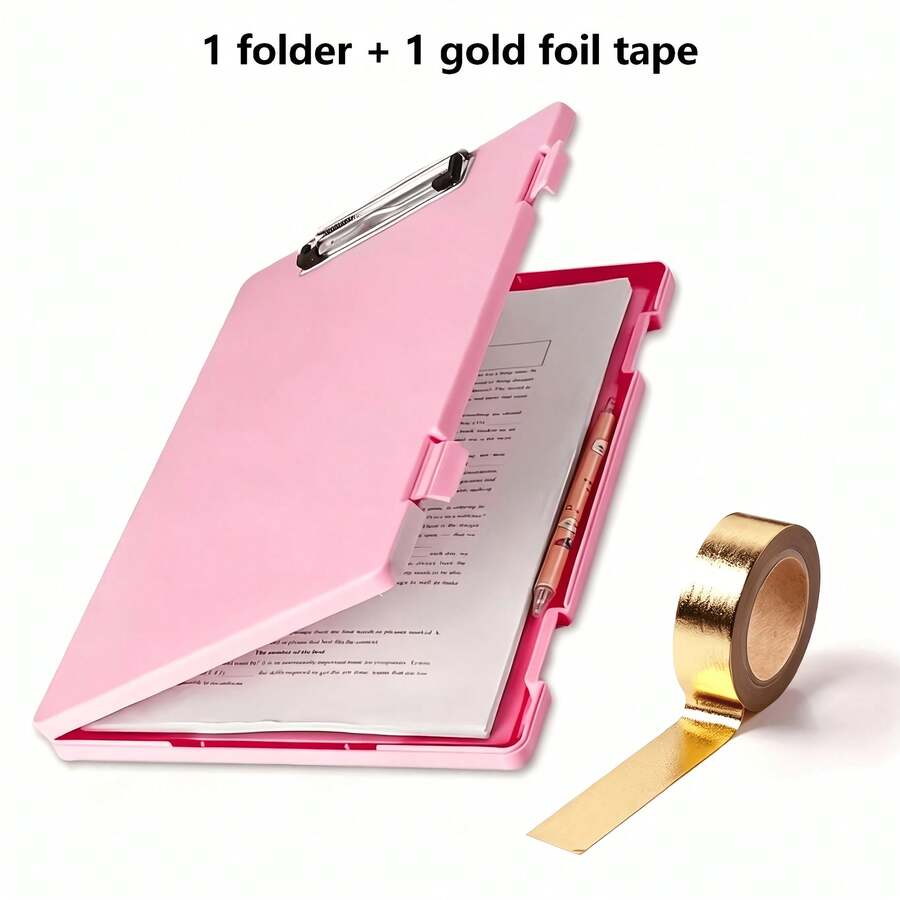 2pcs Set: 1pc Multi-Function Flip Cover File Box, Universal Office & Student Document Storage Tool + 1 Roll Gold Foil Washi Tape