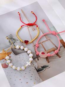 1pc Elegant Ins Style Fashion Copper Beaded Zirconia Heart Geometric Oval Natural Stone Cross Pearl Beaded Women's Bracelet, Suitable For Daily Casual Outings Shopping Parties Dates, Minimalist Design Women's Jewelry, Pearl Jewelry Natural Stone Jewelry Gift, Wedding Season Christmas - Gold + Red - View 5