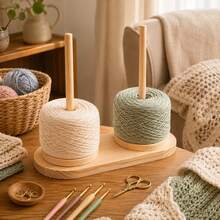 Rotatable Wooden Yarn Spindle Holder With Flower Shape Base, Handcraft Wool Thread Storage Stand, Yarn Ball Organizer Dispenser, Tabletop Sewing Accessory For Knitting, Crochet, Embroidery And Various Handmade DIY Projects - Dual Axis - View 1