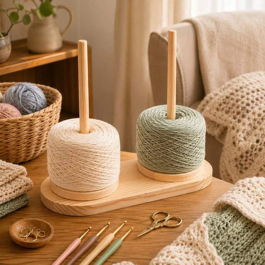 Rotatable Wooden Yarn Spindle Holder With Flower Shape Base, Handcraft Wool Thread Storage Stand, Yarn Ball Organizer Dispenser, Tabletop Sewing Accessory For Knitting, Crochet, Embroidery And Various Handmade DIY Projects - Dual Axis - View 1