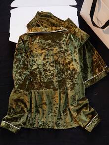 Women's Solid Color Velvet Trim Front Patch Pocket Long Sleeve Pants Pajama Set, Loungewear Set, Autumn/Winter - Green - View 2