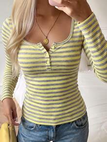 SCARLUX Women's Autumn Y2K Basic Yellow & Grey Striped Long Sleeve Top, U-Neck Button Fitted Cropped T-Shirt, Suitable For Back To School Daily Streetwear - Yellow - View 7