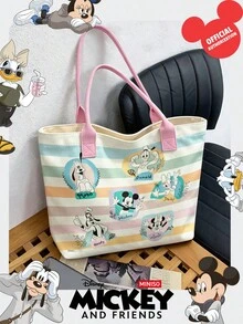 Miniso Disney Mickey And Friends Canvas Tote Bag With Pastel Striped Print Shoulder Bag With Handles For Daily Use - Pink - View 4
