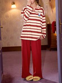 Gongdie 2 Pieces Miffy Christmas Women's Matching Pajama Set Couple,Fall Red Striped Soft Cotton Loungewear With Scalloped V-Neckline And Pocket - Red - View 10