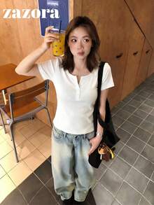 White Thin Low Neck Short Sleeve T-Shirt Women Korean Style Slim Fit Cropped Top - White - View 3