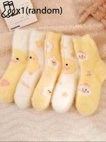 1/2/3 pares de calcetines casuales para mujer de media caña, color aleatorio, con estampado lindo de pato de dibujos animados, de felpa suave y cálidos para casa - Multicolor - Ver 1