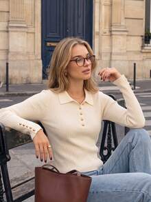Sweater Pullover Wanita Lengan Panjang Rajut Bergaris dengan Kerah Polo dan Kancing, Musim Gugur/Dingin - Aprikot - View 2