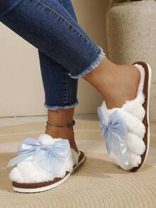 Women's Large Bow Plush Slippers, Soft Sole, Sweet Girl Style, Warm, Fluffy, Fuzzy, One-Strap Slide Slippers For Autumn/Winter Home Wear - Blue - View 7
