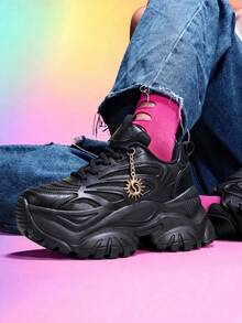 Women's Y2K Sweet & Cool Black Casual Sneakers, EVA Thick Sole 7CM Height Increase, Plus Size Lightweight, With Sun Decor Pendant Chain - Black - View 12