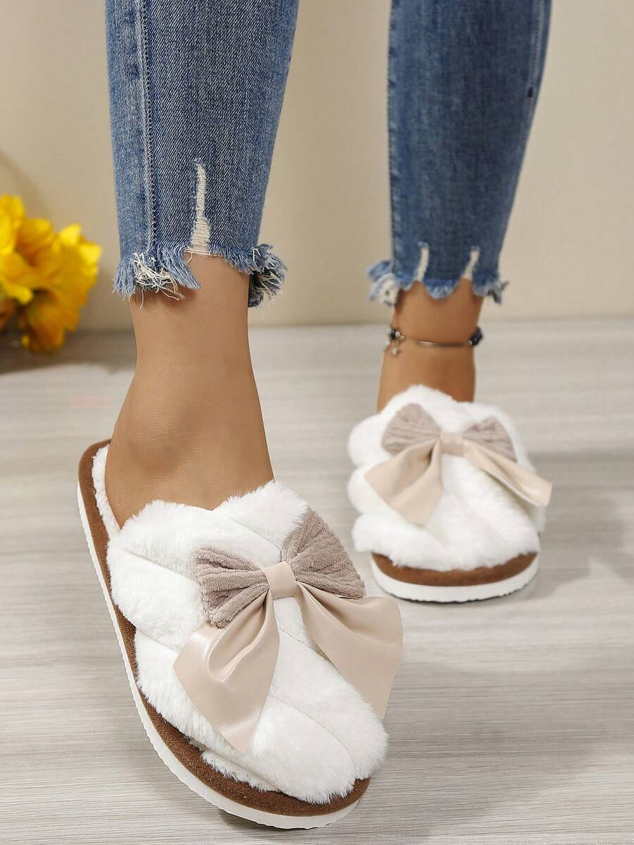Autumn/Winter Atmosphere Bowknot Decor Slippers Women's Simple Versatile Home Fluffy Plush Lining Fluffy Plush Lining Fur Slippers